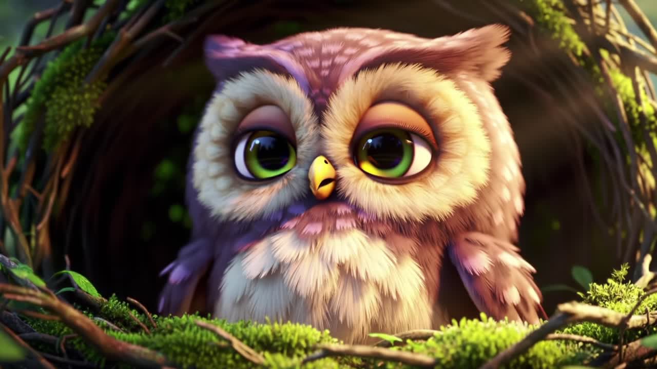 Charming Animated Owl in a Cozy Nest: Captivating Wrap-up of the Adventure Featuring a Cute Character with Enchanting Expressions and Lush Natural Surroundings