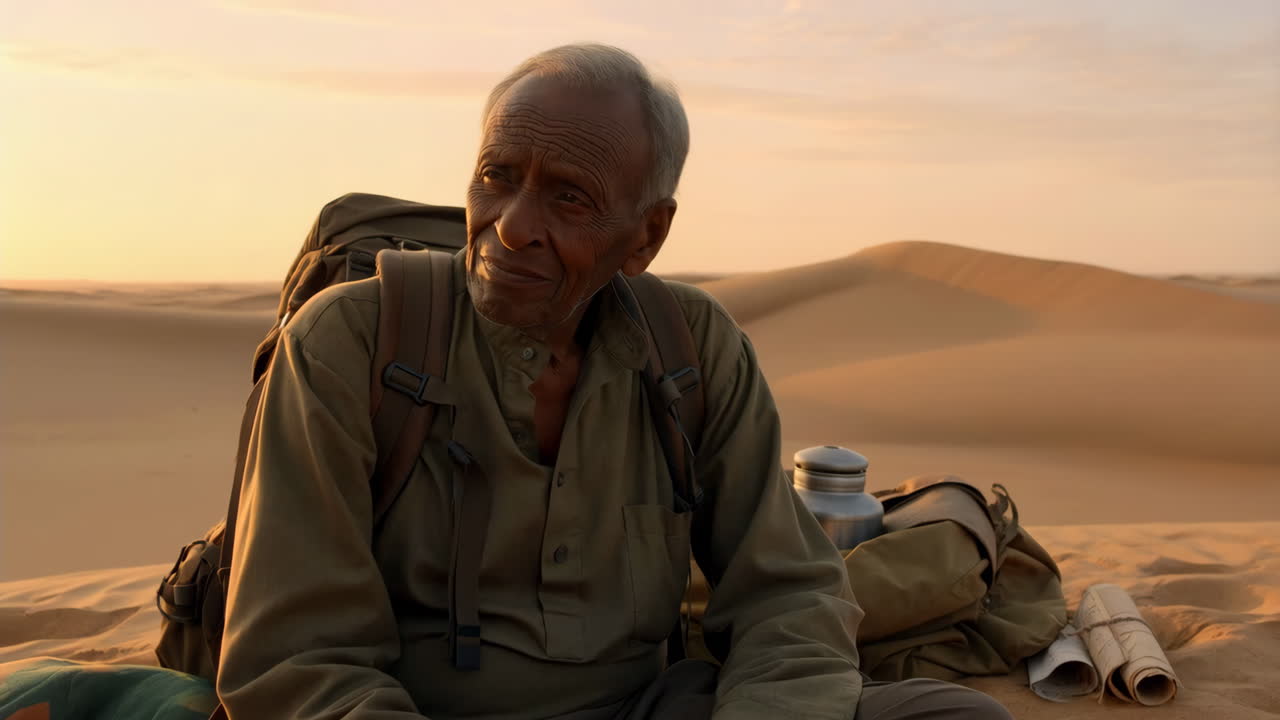 An old traveler in a desert landscape
