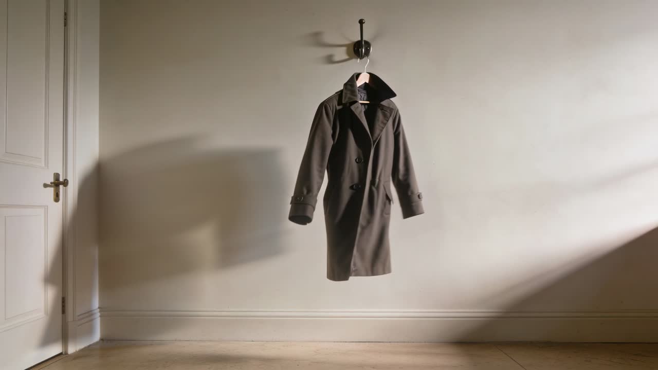 Un cappotto grigio ondeggia su una gruccia, spinto da una raffica di vento che lo fa posare su un gancio di metallo, con l'ombra mossa dal sole.