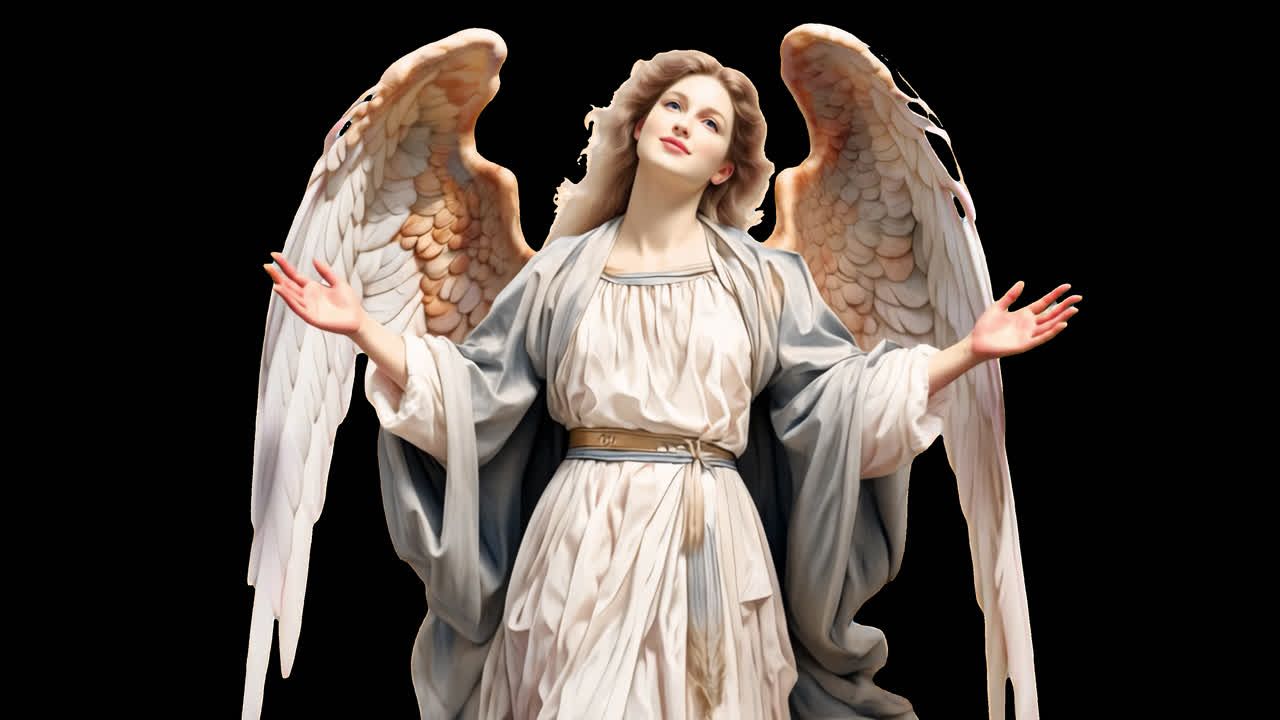 Serene angelic figure with wings animated overlay, transparent 4K video, alpha channel, ProRes 4444