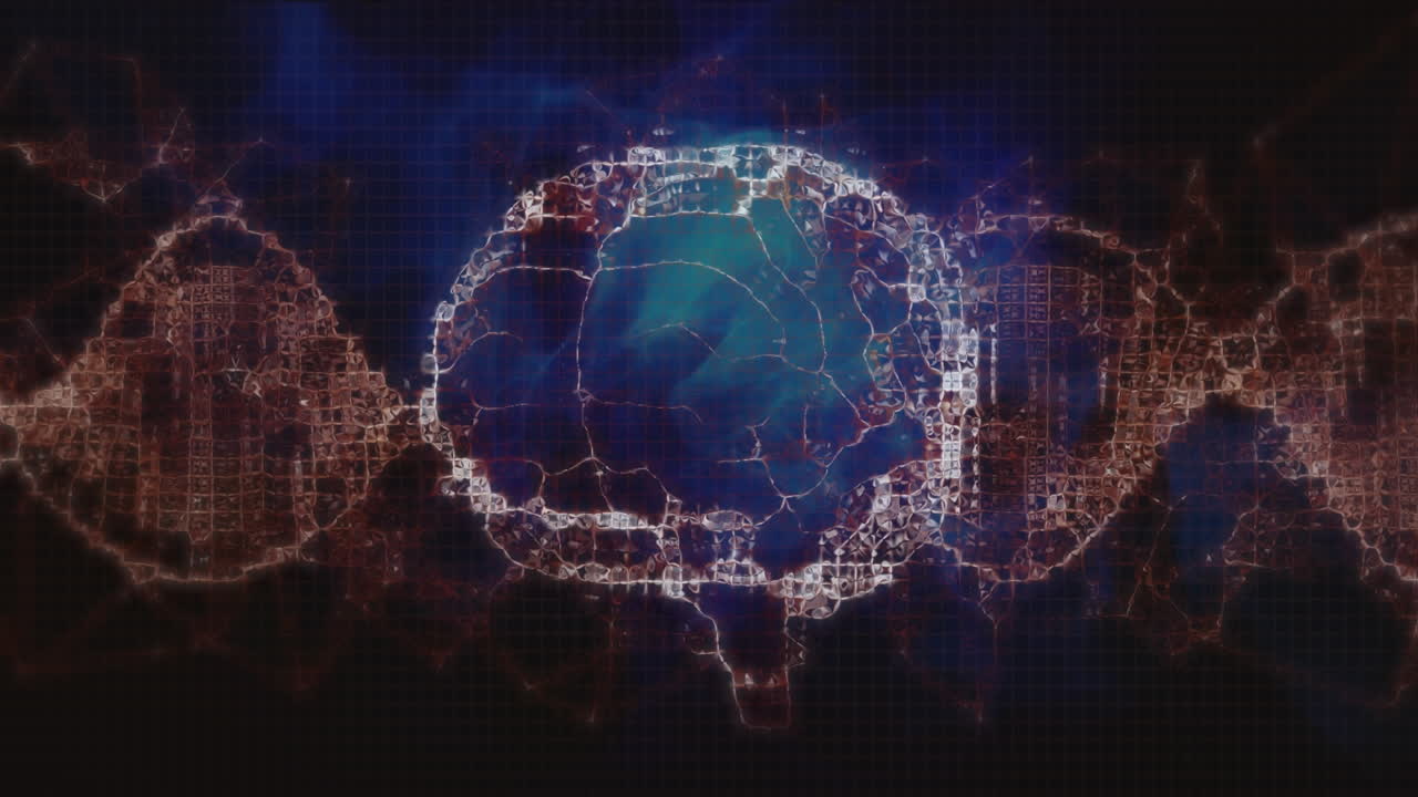 Animation of dna strand over human brain on dark background