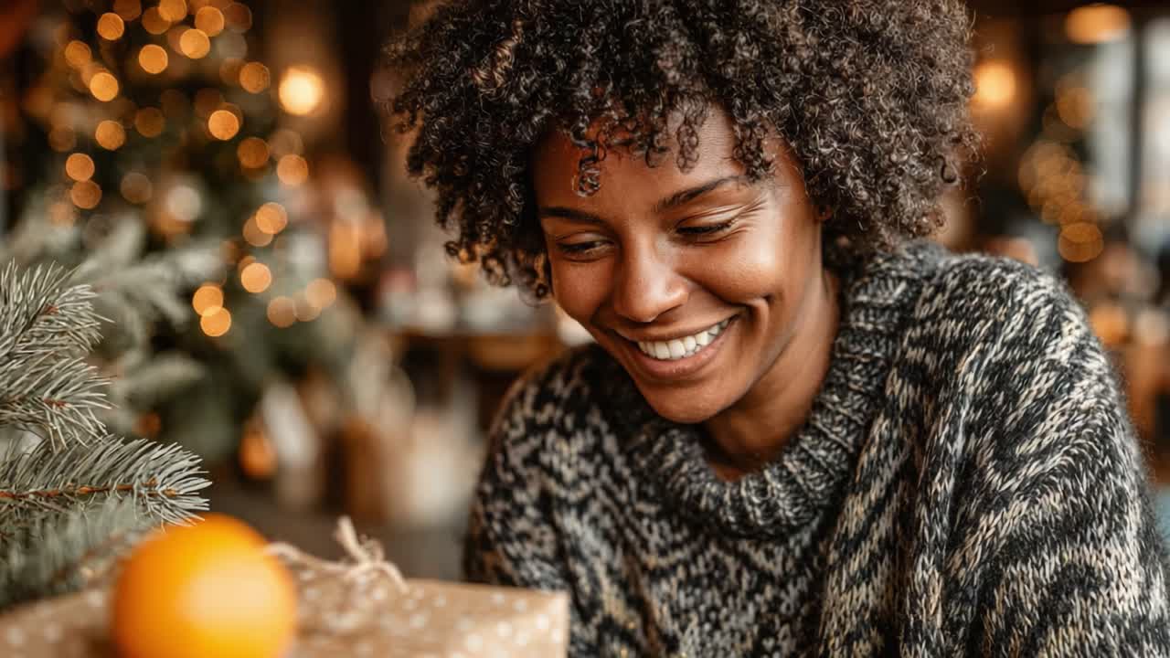 Momenti gioiosi: una donna sorridente mentre scarta un regalo durante le feste, circondata da decorazioni festive e un’atmosfera allegra