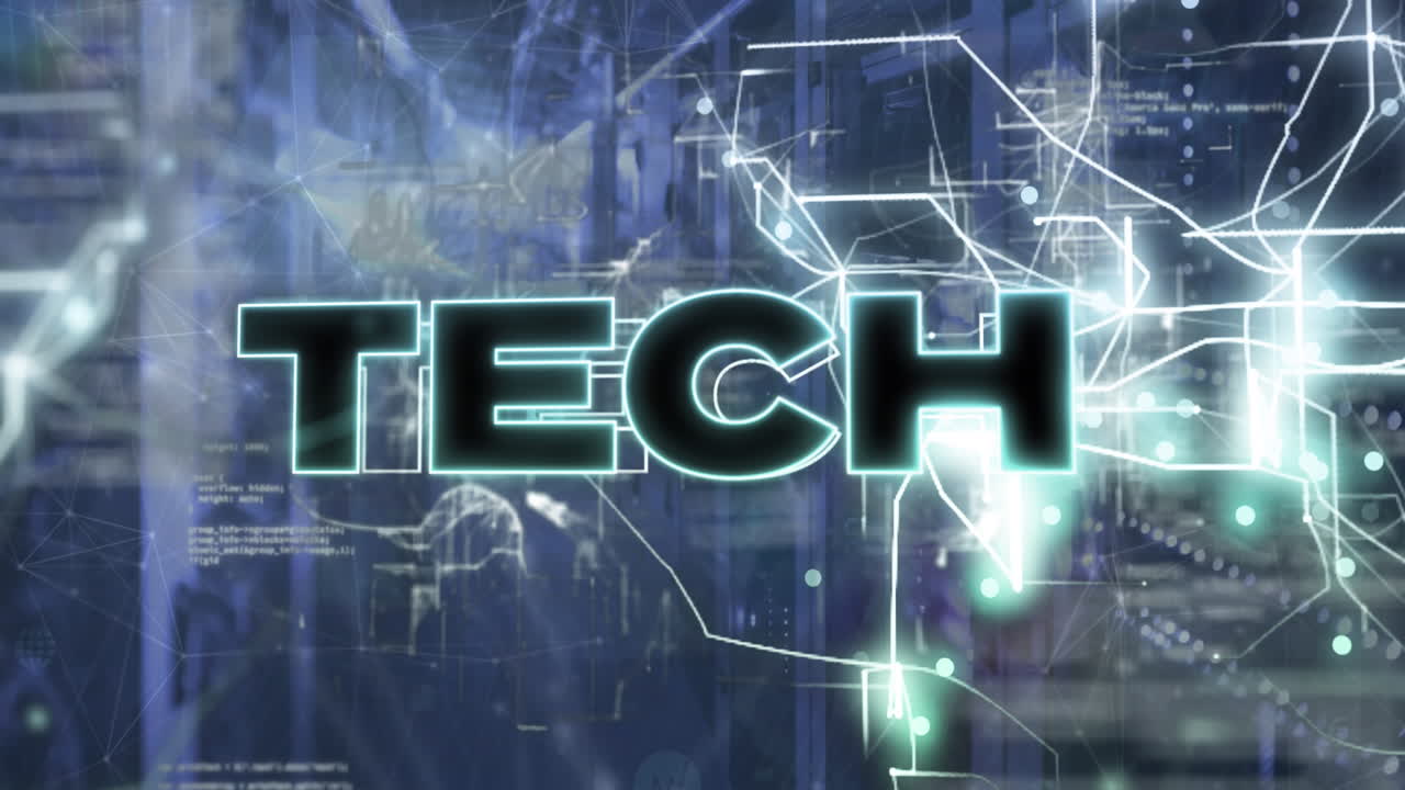 Animation of tech text with computer language and navigation pattern over server room