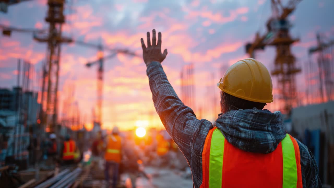 A Construction Worker Waves Goodbye at Sunset, Highlighting Safety Gear and Busy Construction Site Activities Under a Dramatic Sky