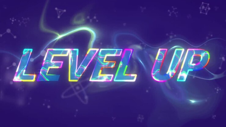 Animazione del testo "level up" su sfondo blu liquido e luminoso.