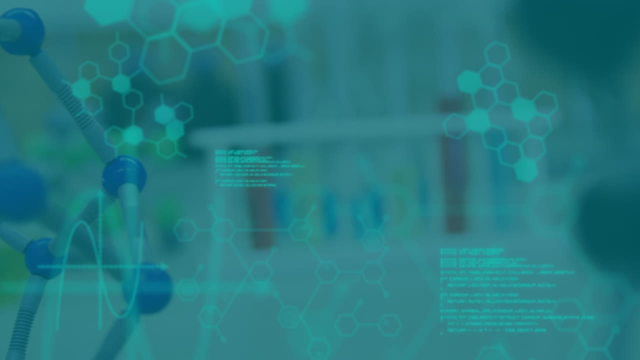 animación del procesamiento de datos, fórmulas químicas y cerebro hecho de textos sobre tubos de ensayo