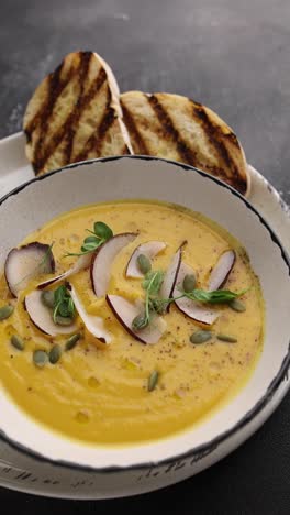 sopa de coco de calabaza con pan a la parrilla