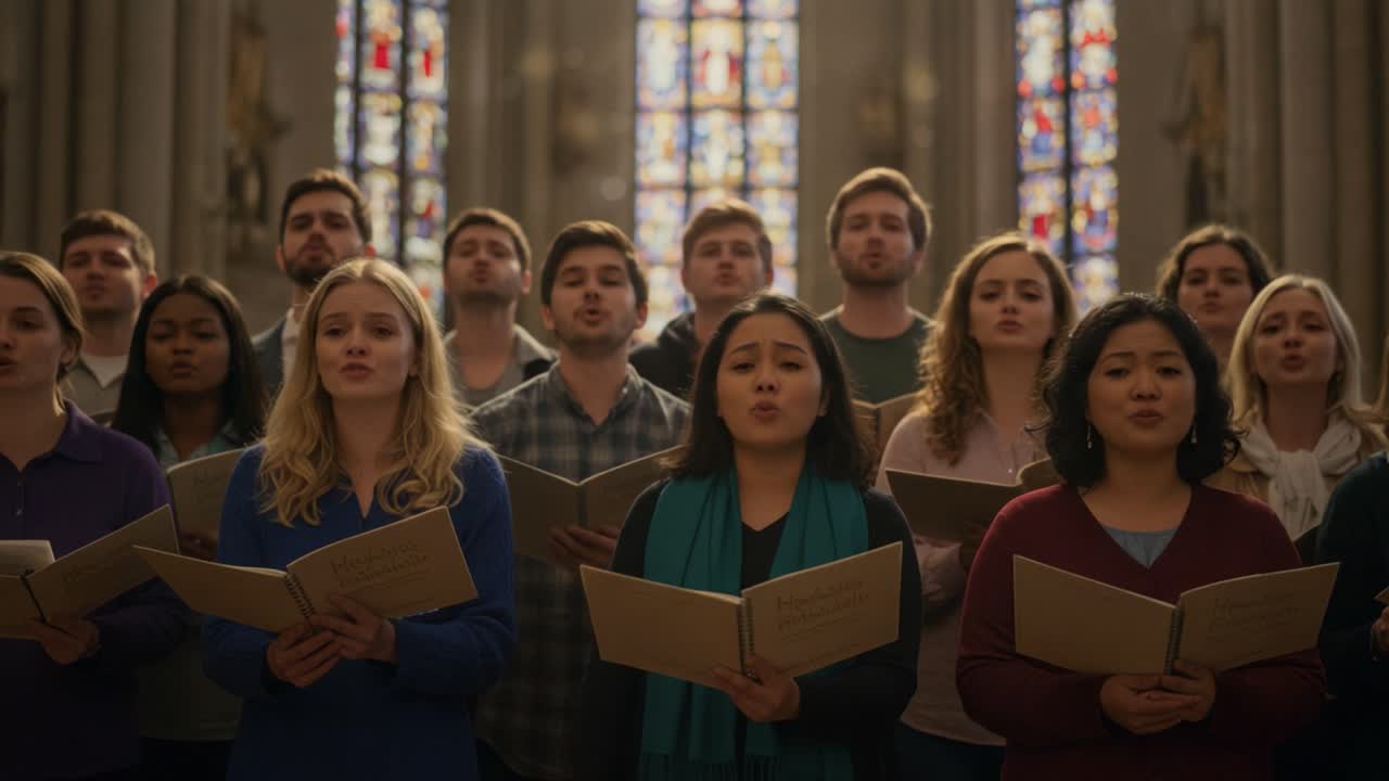 A Harmonious Choir Performance with Enthusiastic Singers in a Stunning Cathedral Interior Captured in Two Frames