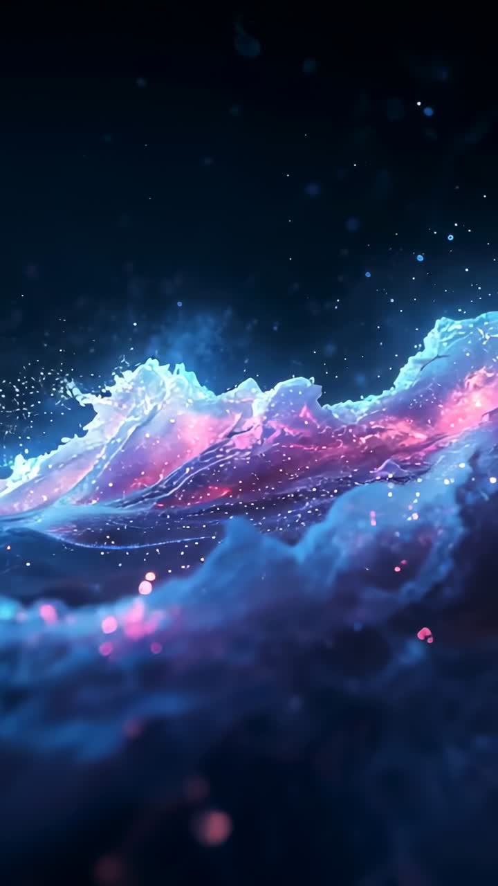Vertical video: Brightening nebula wave rising in space, spraying magenta core and cyan edges