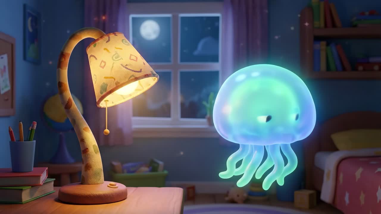 Glowing Animated Jellyfish Character Floating in a Child's Bedroom at Night