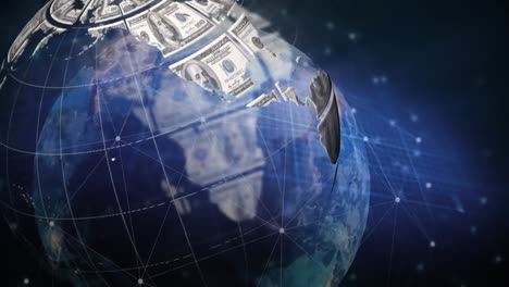 animation of american dollar banknotes globe spinning over network of connections