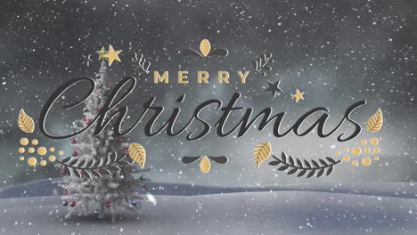 Animation-of-merry-christmas-text-and-snow-falling-over-christmas-tree-in-winter-scenery