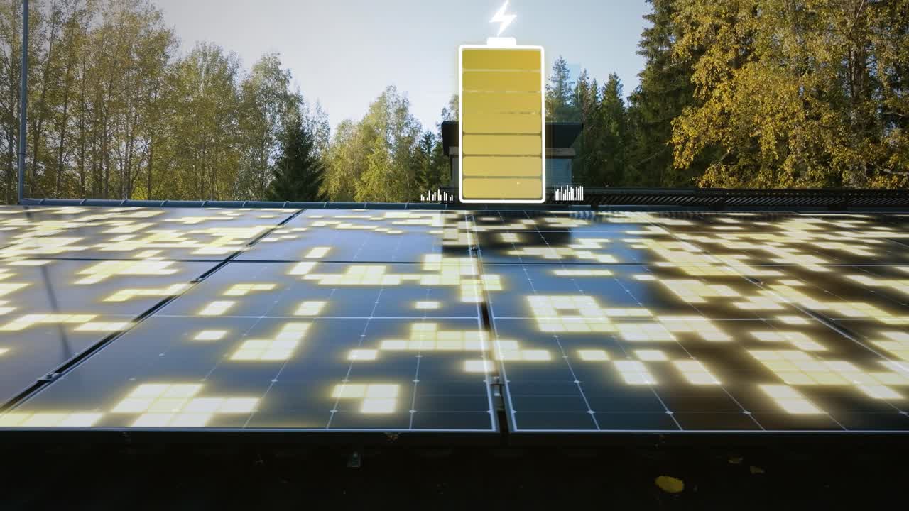 икона зарядки аккумулятора с визуализацией электричества на крыше солнечной панели дома