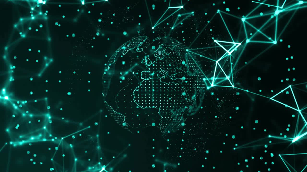 Turquoise fading dots around globe initiating digital clock forming with rotating network lines