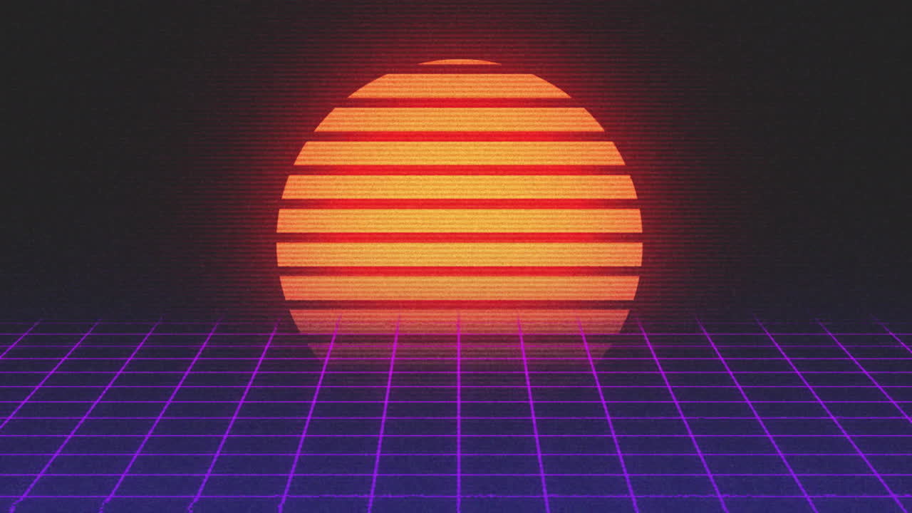 animación de un círculo naranja brillante con rayas y una cuadrícula púrpura