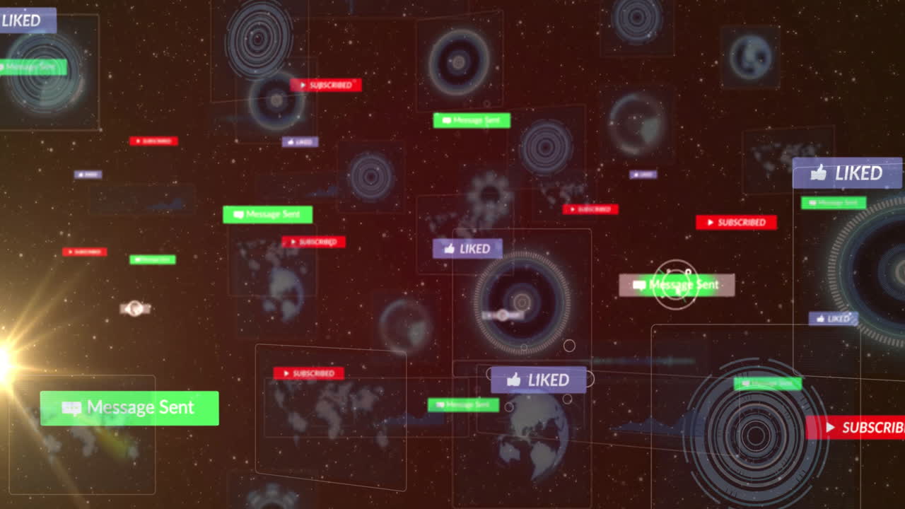 Digital network background with social media notifications and interactions animation