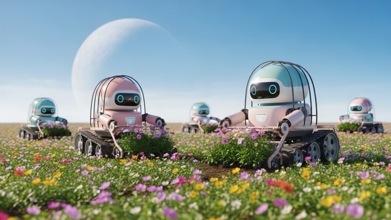 A futuristic scene featuring adorable robotic gardeners tending vibrant flower fields under a celestial sky, showcasing advanced technology in harmony with nature.