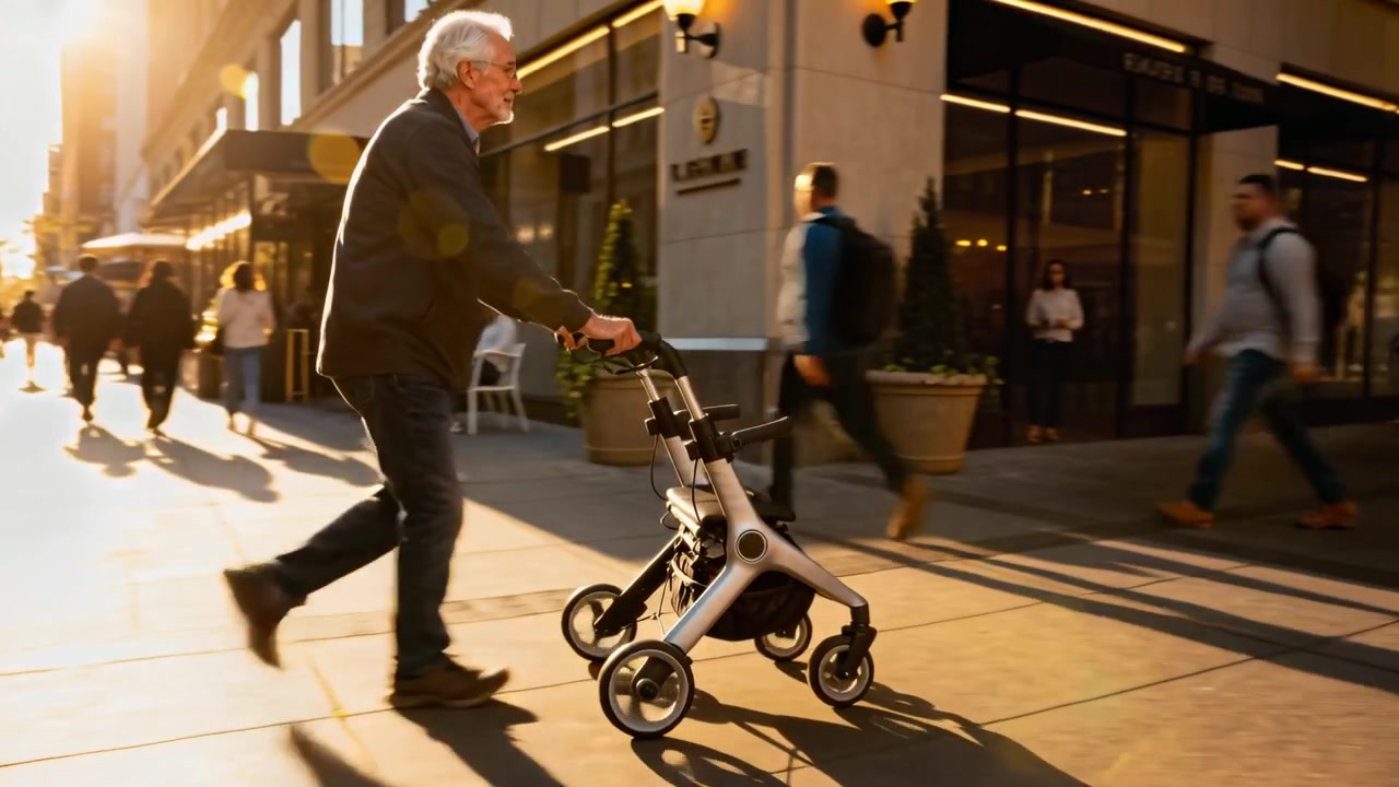 Stepping forward senior man pushing rollator along sunlit street in dark jacket passing pedestrians