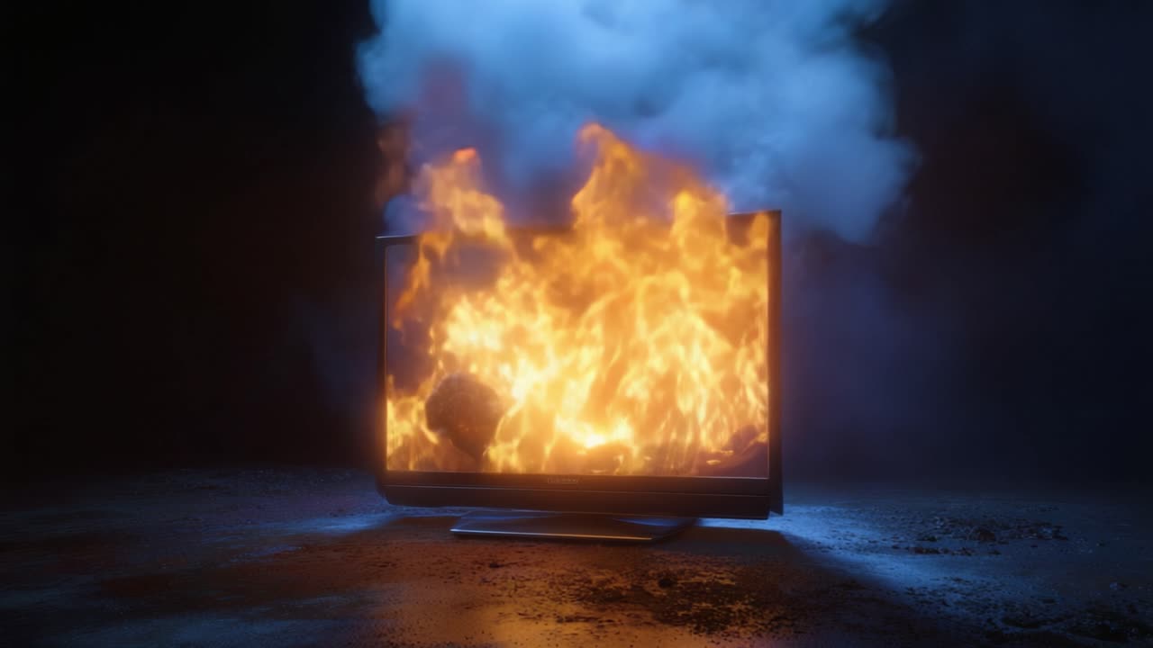 Et dramatisk billede af et fjernsyn opslugt af flammer, der viser intense ild- og røgeffekter, hvilket skaber en slående kontrast mod en mørk, røgfyldt baggrund