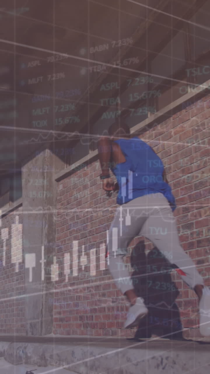 animazione dell'elaborazione dei dati su un uomo afroamericano che corre all'aperto