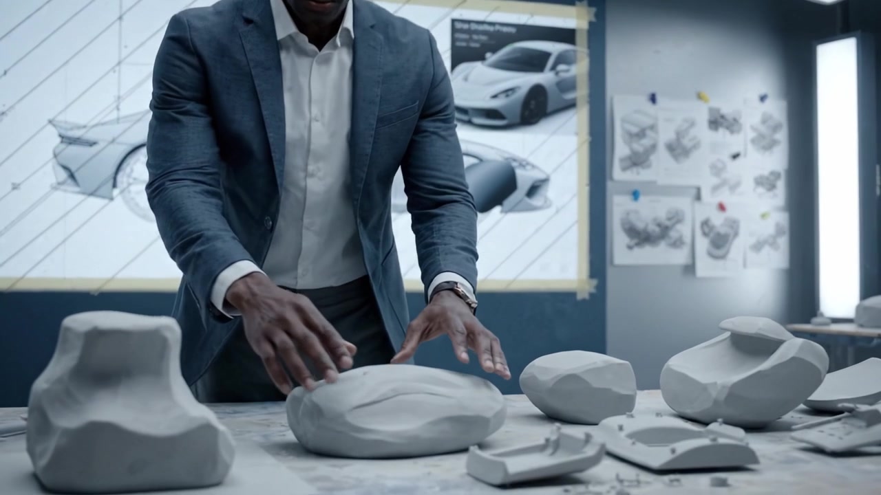 A Designer in a Studio Analyzing Car Prototypes and Sculpting Clay Models to Create Innovative Automotive Designs with Advanced Techniques and Technology