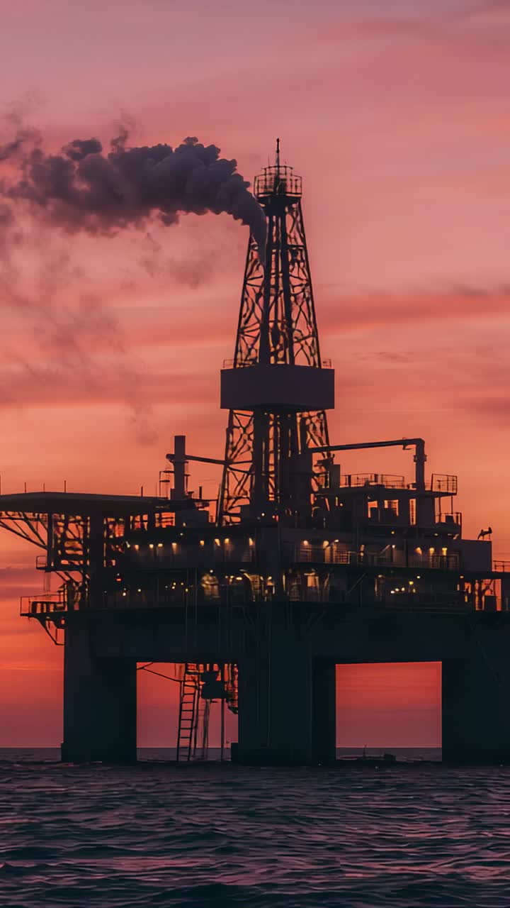 Vertical video: Running offshore rig emitting smoke at dusk, deck lights glowing, craft bobbing