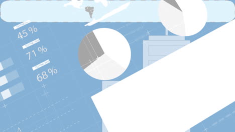 animation of geometric shapes with world map and data charts on blue background
