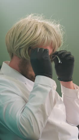 vista en primer plano de un técnico con una peluca rubia y una bata de laboratorio, sentado en un escritorio de laboratorio con un microscopio, poniéndose gafas con manos con guantes negros