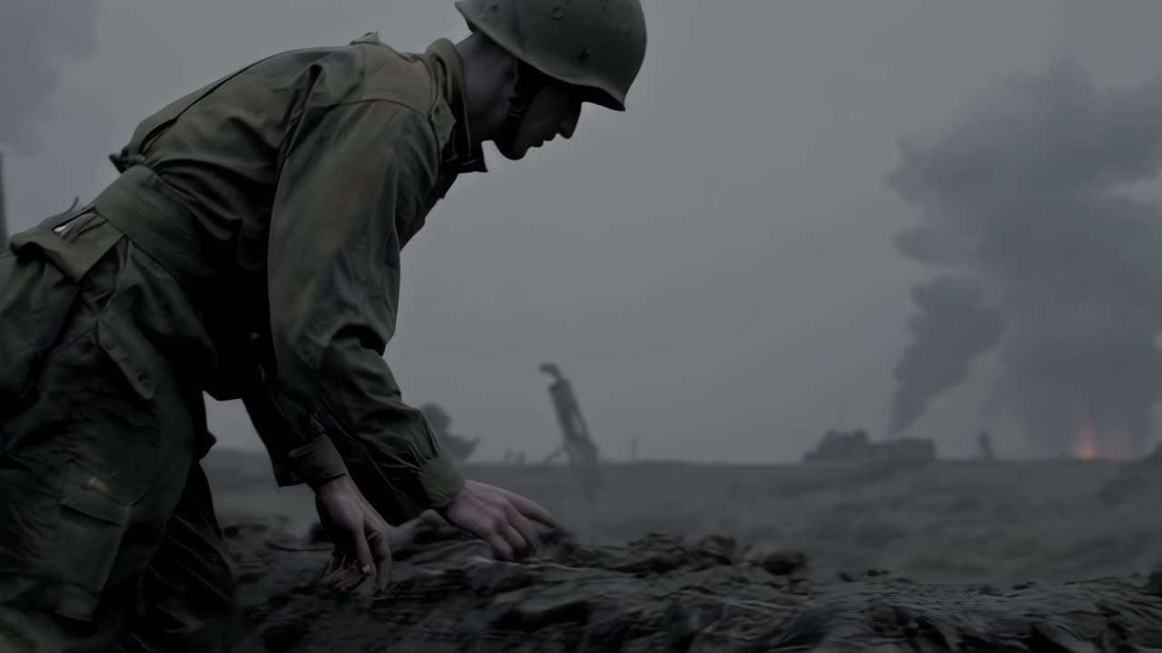 Two soldiers climbing a trench during a world war battle with explosions and smoke in the background, creating a dramatic and tense atmosphere