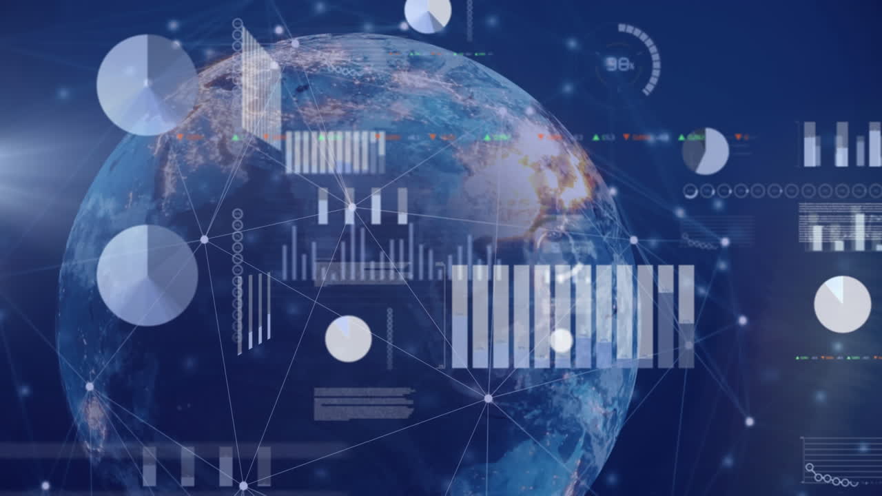 배경에서 회전하는 지구를 둘러싼 연결된 점을 통해 인포그래픽 인터페이스의 애니메이션