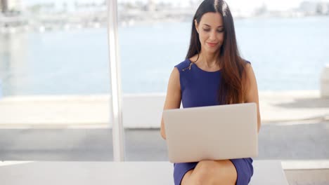 Woman-sitting-on-a-waterfront-bench-using-a-laptop