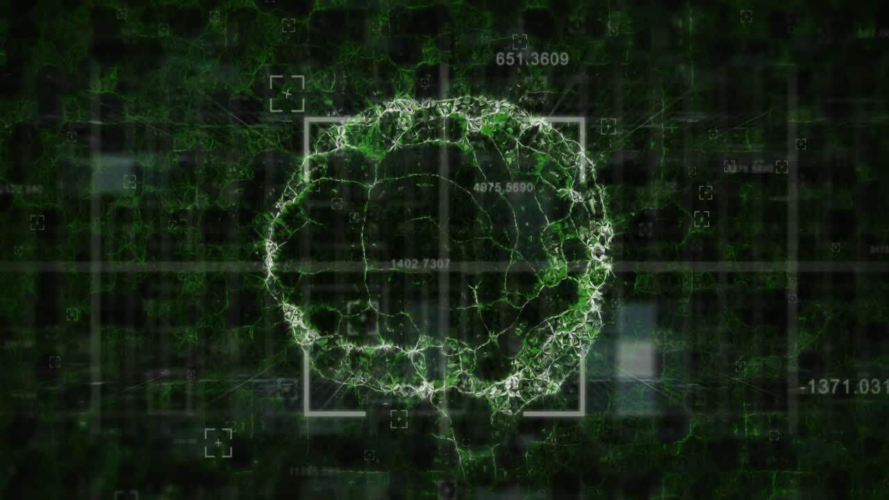 animación del procesamiento de datos y escaneo de alcance sobre el icono giratorio del cerebro humano en fondo verde.