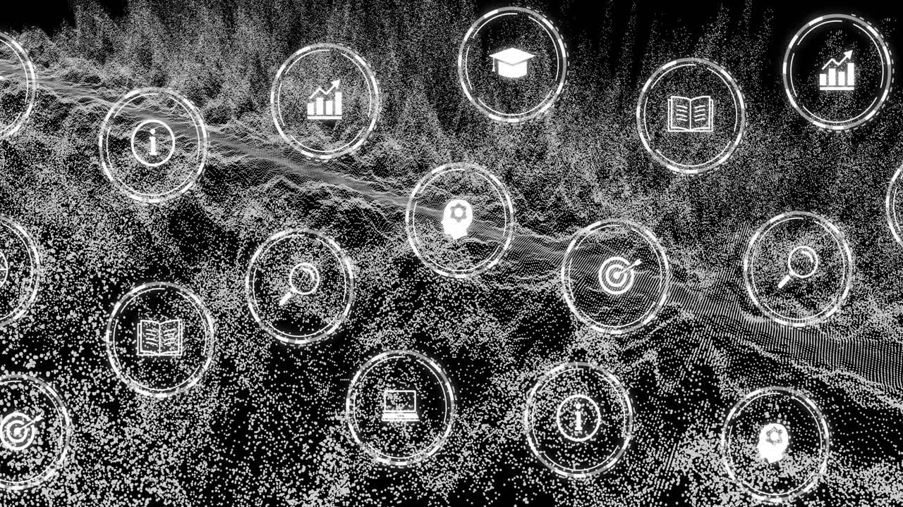 Animation of network of connections with icons on black background