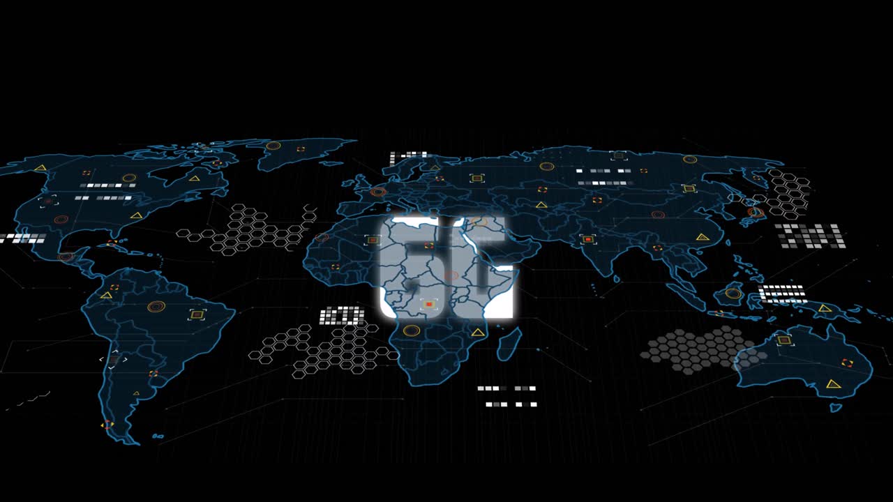 Animation of 6g text with multicolored geometric shapes over digital map against black background
