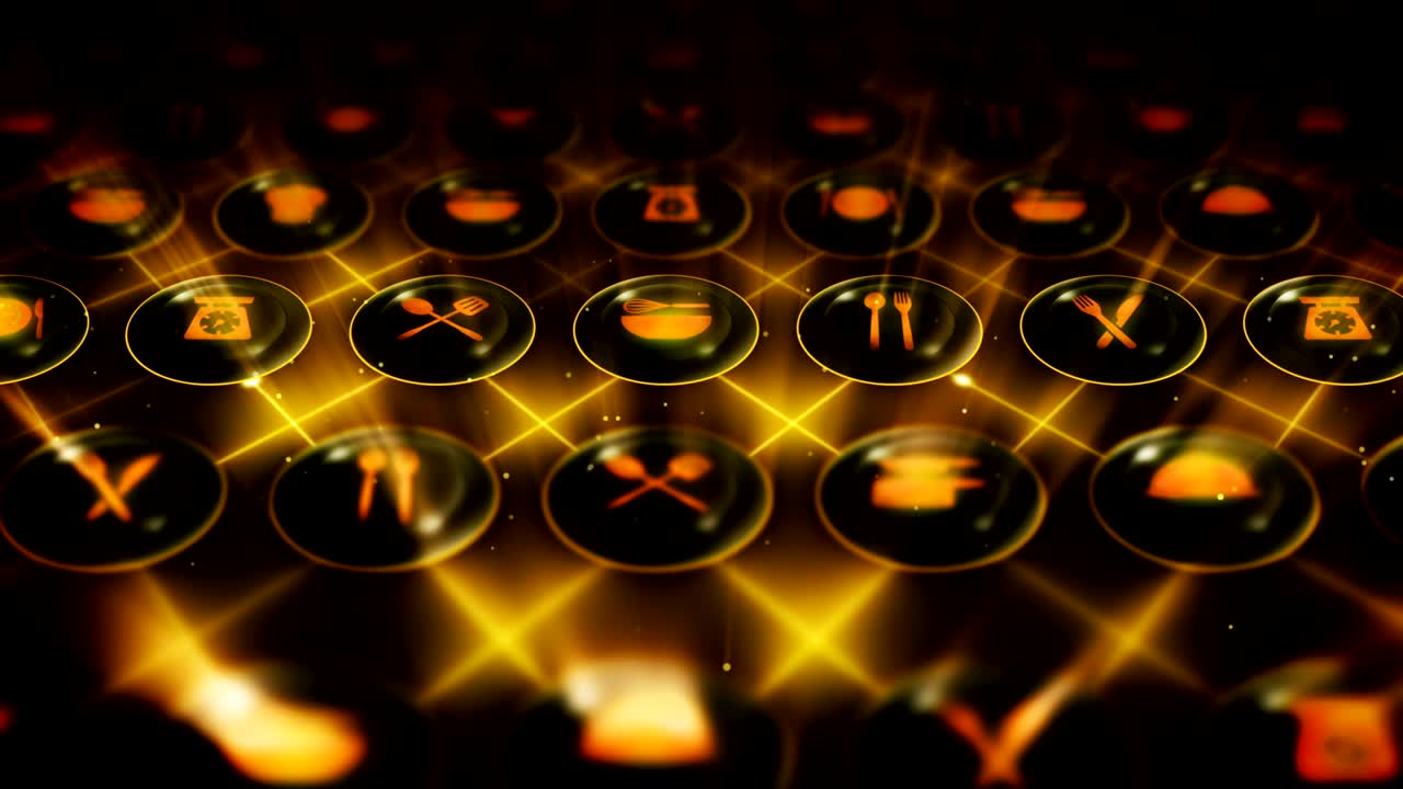 conjunto de iconos de restaurantes, fondo de utensilios de cocina de restaurantes, animación de bucle cg,