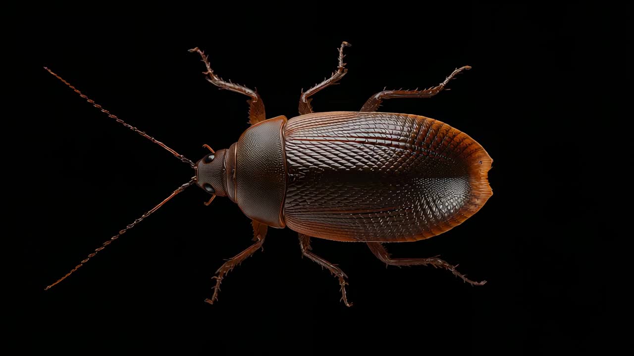 Dark reddish-brown ground beetle adjusting antenna and legs in studio, revealing textured elytra