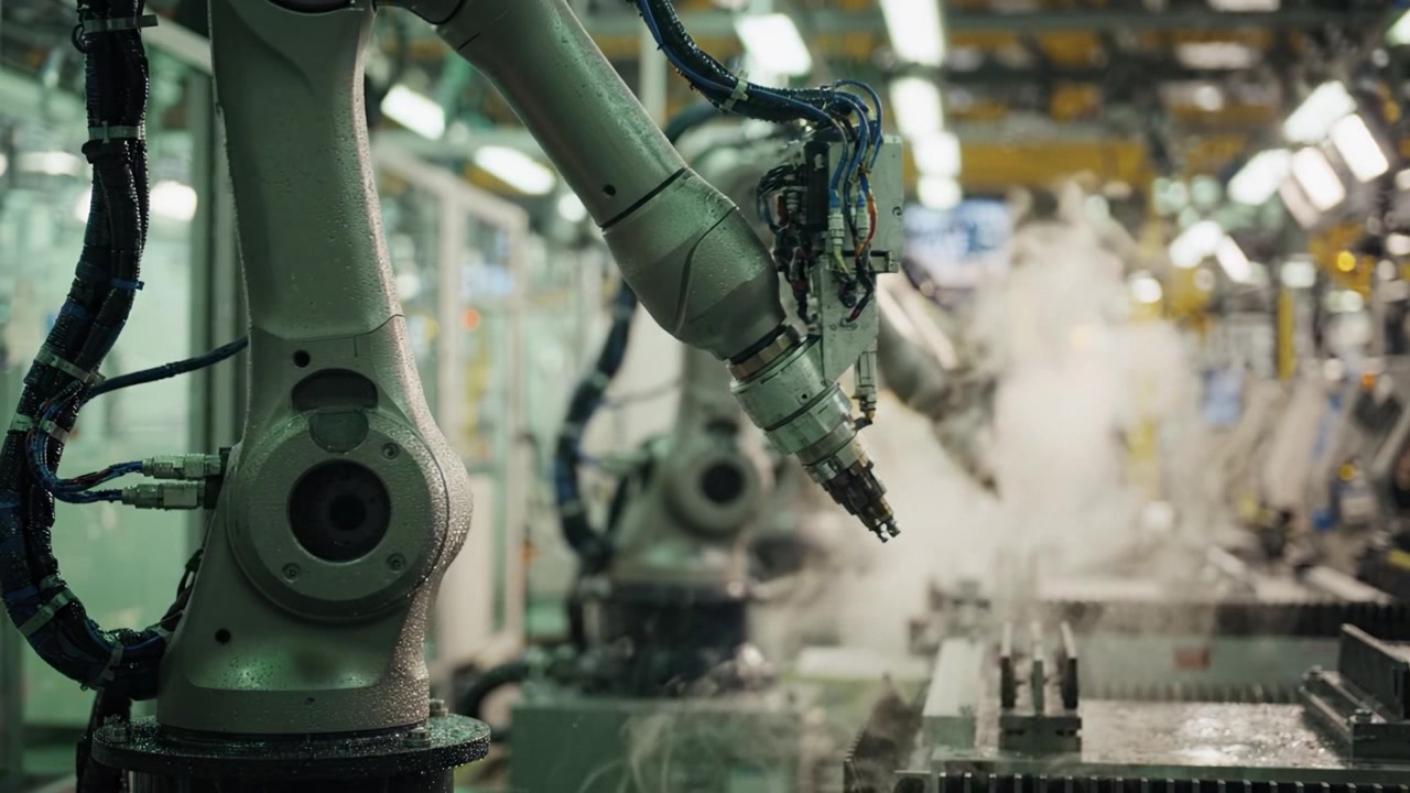 Automatización industrial: Robots de alta tecnología dedicados a la fabricación de precisión y procesos de enfriamiento en un entorno de fábrica moderno.