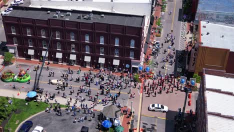 Aerial-view-of-extras,-cast,-and-equipment-for-on-location-filming-of-Holland-Michigan-in-downtown-Clarksville-Tennessee