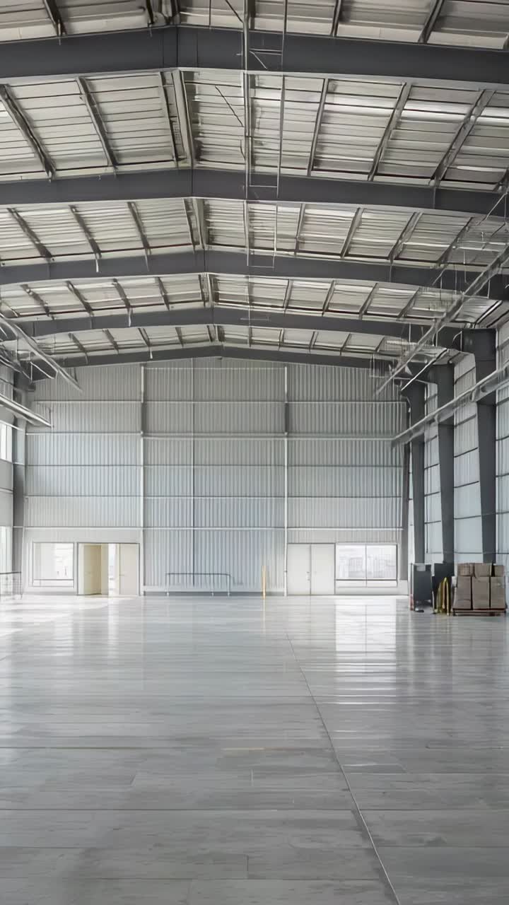 Video verticale: carrellata che rivela un grande magazzino vuoto per mostrare la scala centrale e i pallet