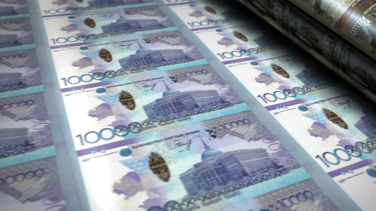 billetes de dinero de tenge kazakh imprimiendo un bucle sin costuras