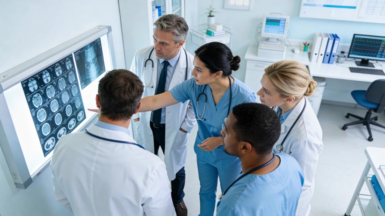 Pointing senior Dr leading team at clinic, white coats, scrubs studying backlit scans to diagnose
