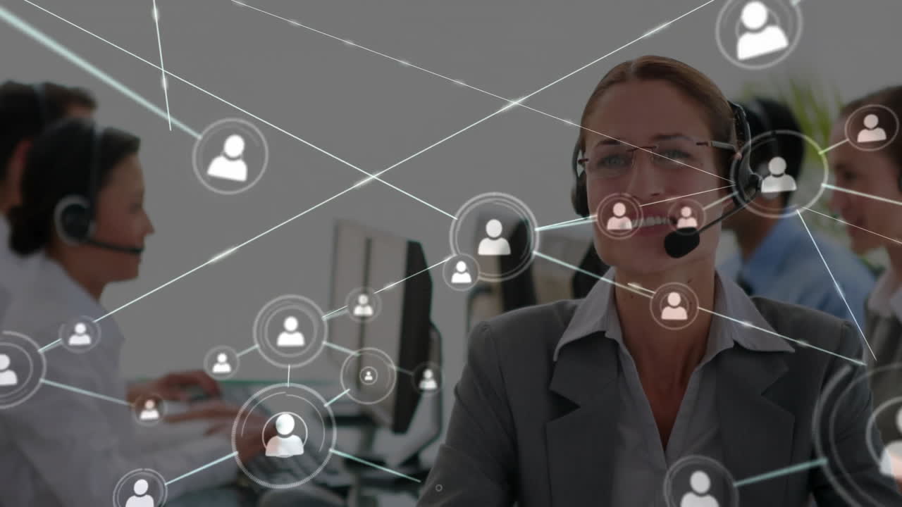 Working in office, customer service team handling network connections overlay animation