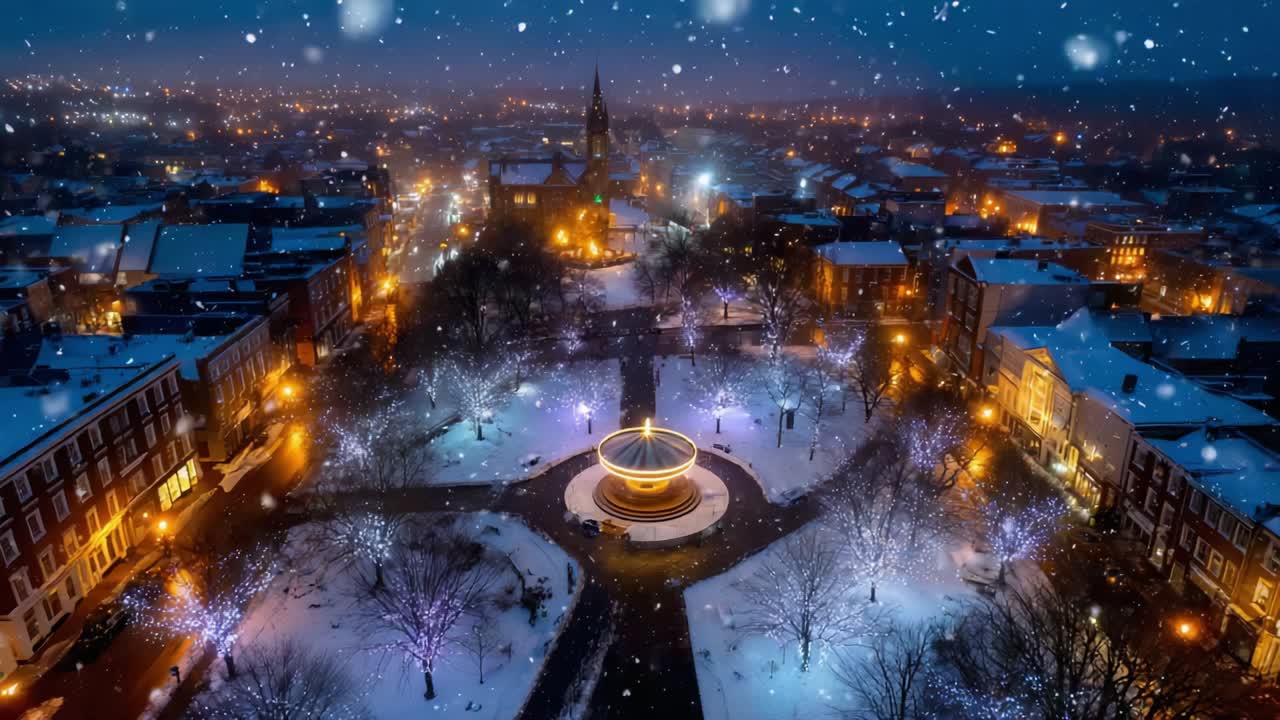 Aerial View of a Snowy Night in a Charming Town Square, Lights Reflecting Off the White Snow, Creating a Magical Winter Wonderland Scene Filled with Warm Ambiance and Seasonal Cheer