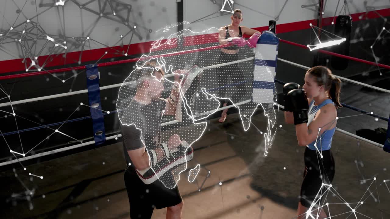 Female boxer doing boxing mitt drills while coach shifting mitts, globe overlay appearing over ring