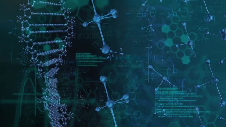 Animation of data processing over black background with molecules and dna