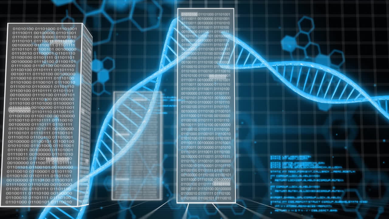 Animation of digital data processing over dna strands spinning