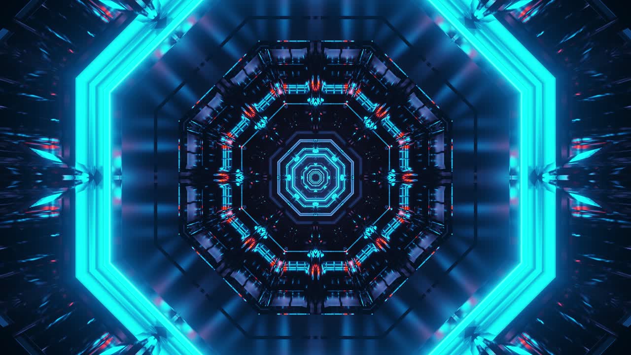 viaggiare nello spazio di rete astratto riflettente che emette luci al neon all'interno del tunnel ottagonale, corridoio spaziale immersivo senza soluzione di continuità illuminato con colori