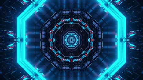 viajando a un espacio de red abstracto reflexivo que emite luces de neón dentro de un túnel octogonal, un corredor espacial inmersivo sin costuras iluminado con colores