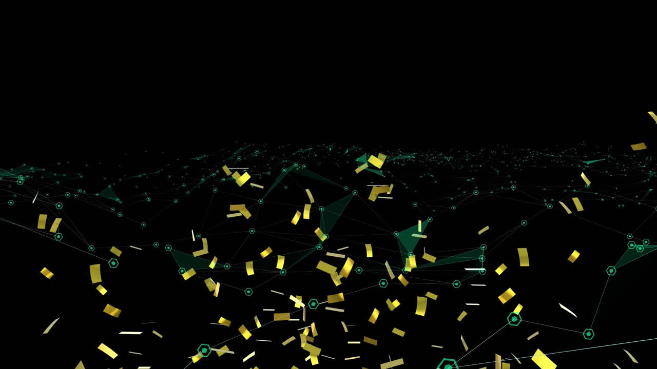 검은색 바탕에 연결망 위에 떨어지는 금색 콘티의 애니메이션