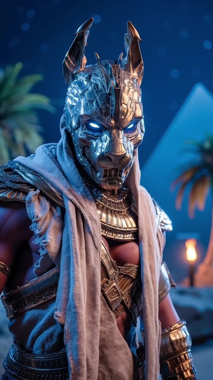 A man in a silver mask standing in front of a pyramid